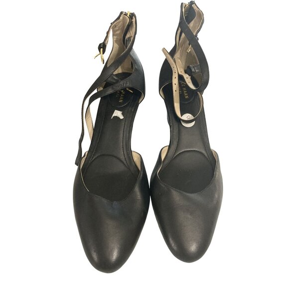 Cole Haan Women Size 9.5 Black Leather Ankle Strap Wedge Rear Zip Heels shoes - Picture 1 of 7